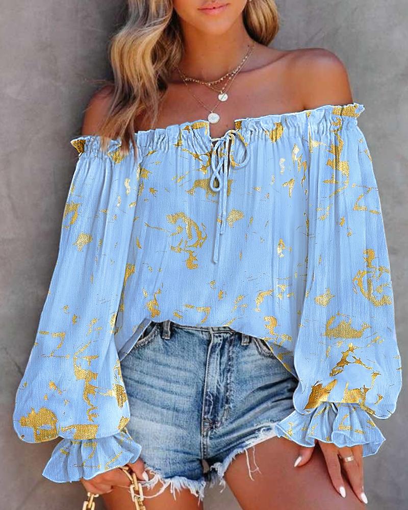 

Colorblock Bronzing Off Shoulder Frill Hem Lantern Sleeve Top, Blue