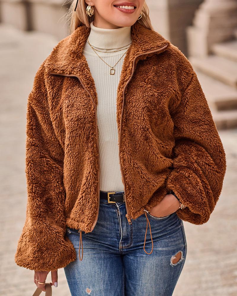 

Lantern Sleeve Drawstring Zip Up Teddy Coat, Coffee