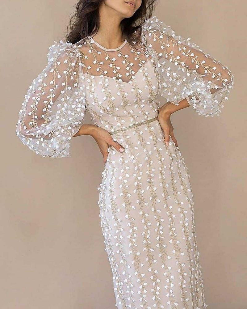 

Floral Pattern Mesh Puffed Sleeve Midi Dress, White