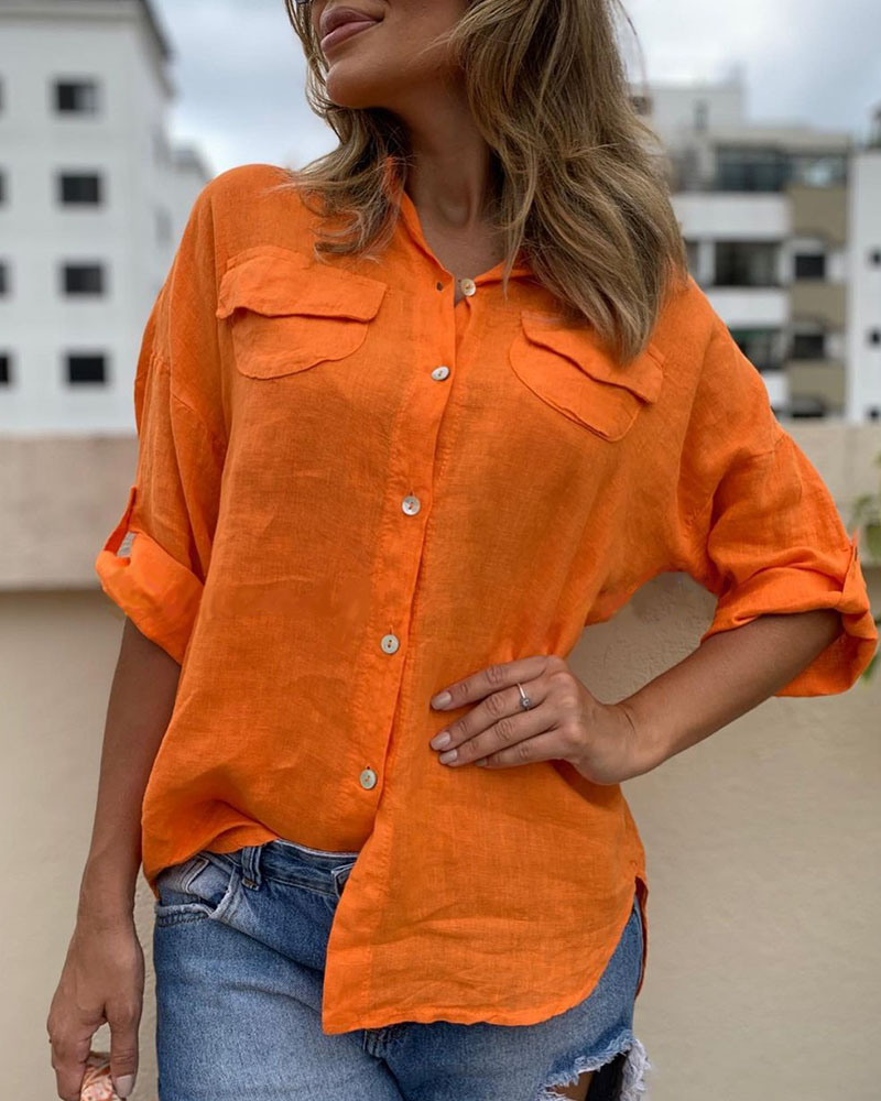 

Pocket Button Design Long Sleeve Shirt, Orange