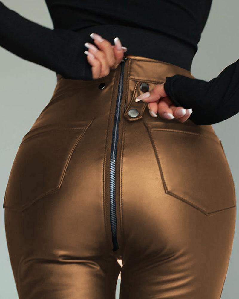

PU Leather Zipper Pocket Design Skinny Pants, Brown