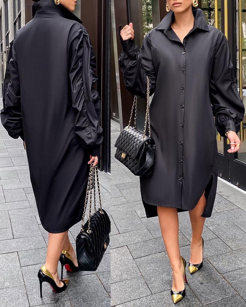 

Lantern Sleeve Asymmetrical Button Decor Shirt Dress, Black