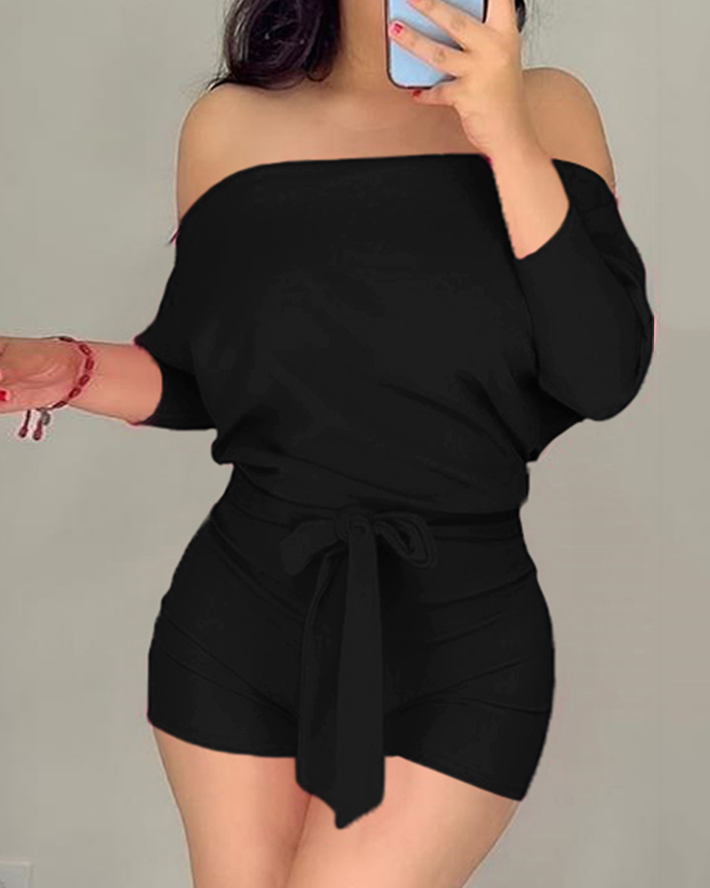 

Batwing Sleeve Off Shoulder Tied Detail Romper, Black