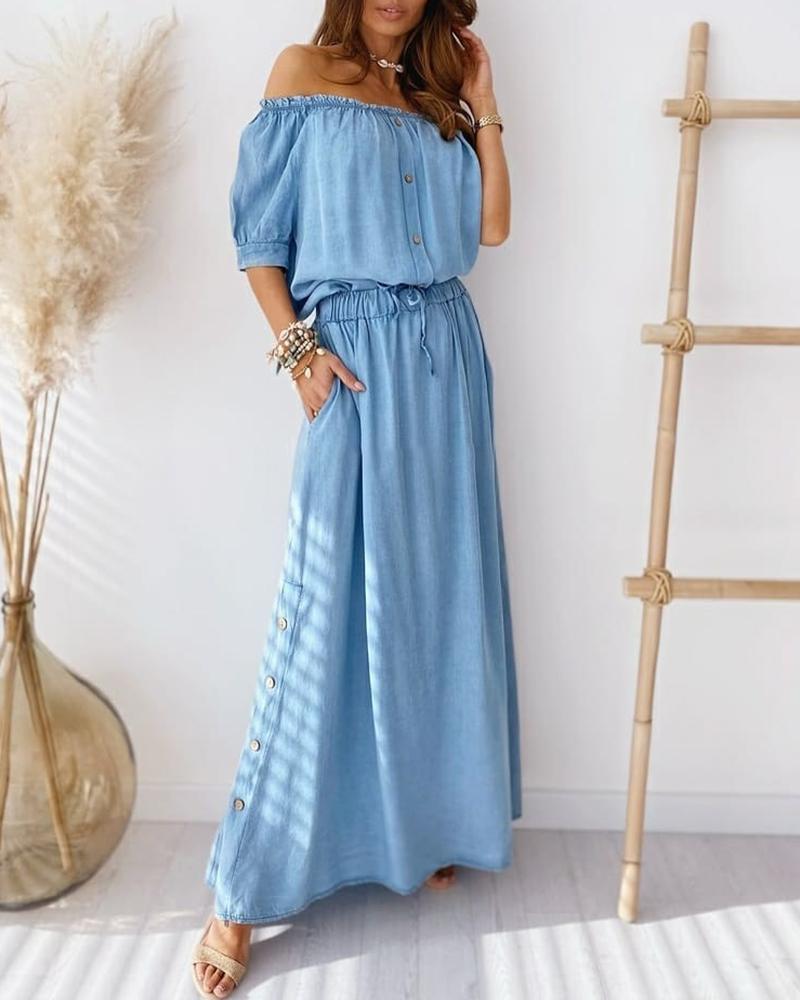 

Off Shoulder Frill Hem Top & Maxi Skirt Sets, Blue