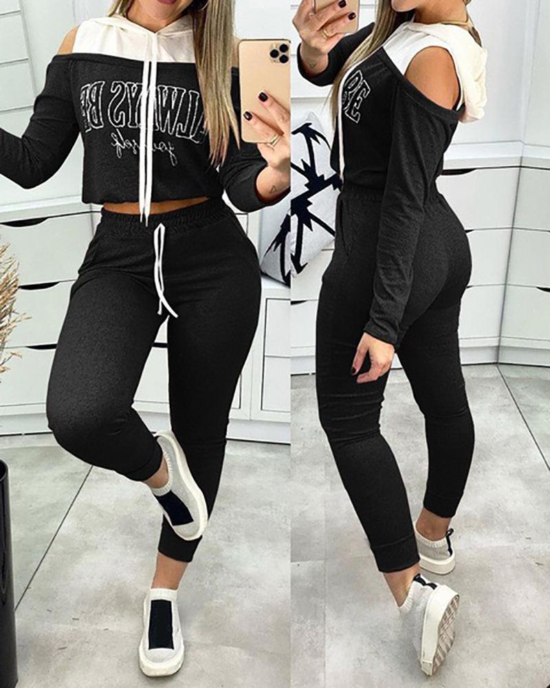 

Cold Shoulder Colorblock Letter Print Hooded Top & Drawstring Pants Set, Black