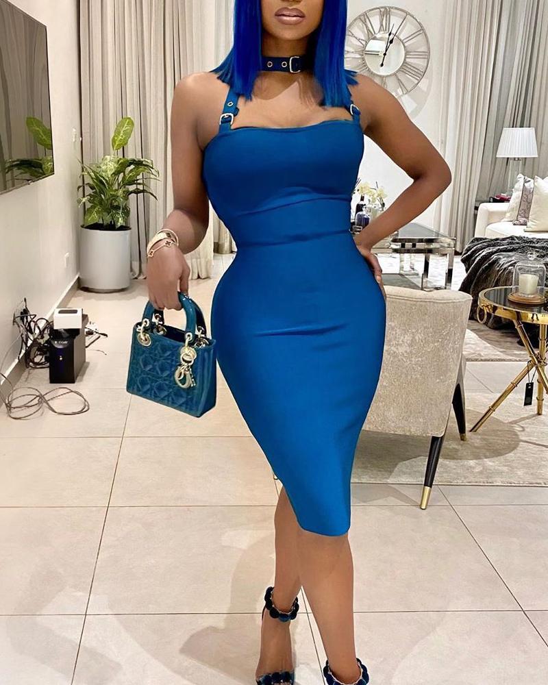 

Solid Halter Bodycon Midi Dress, Blue
