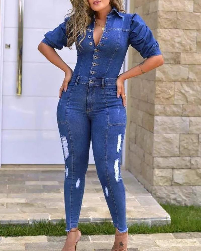 

Button Design Puff Sleeve Ripped Denim Jumpsuit, Blue