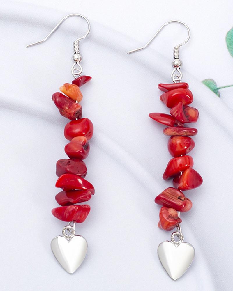 

1Pair Turquoise Crystal Stone Beaded Heart Pattern Drop Earrings, Red