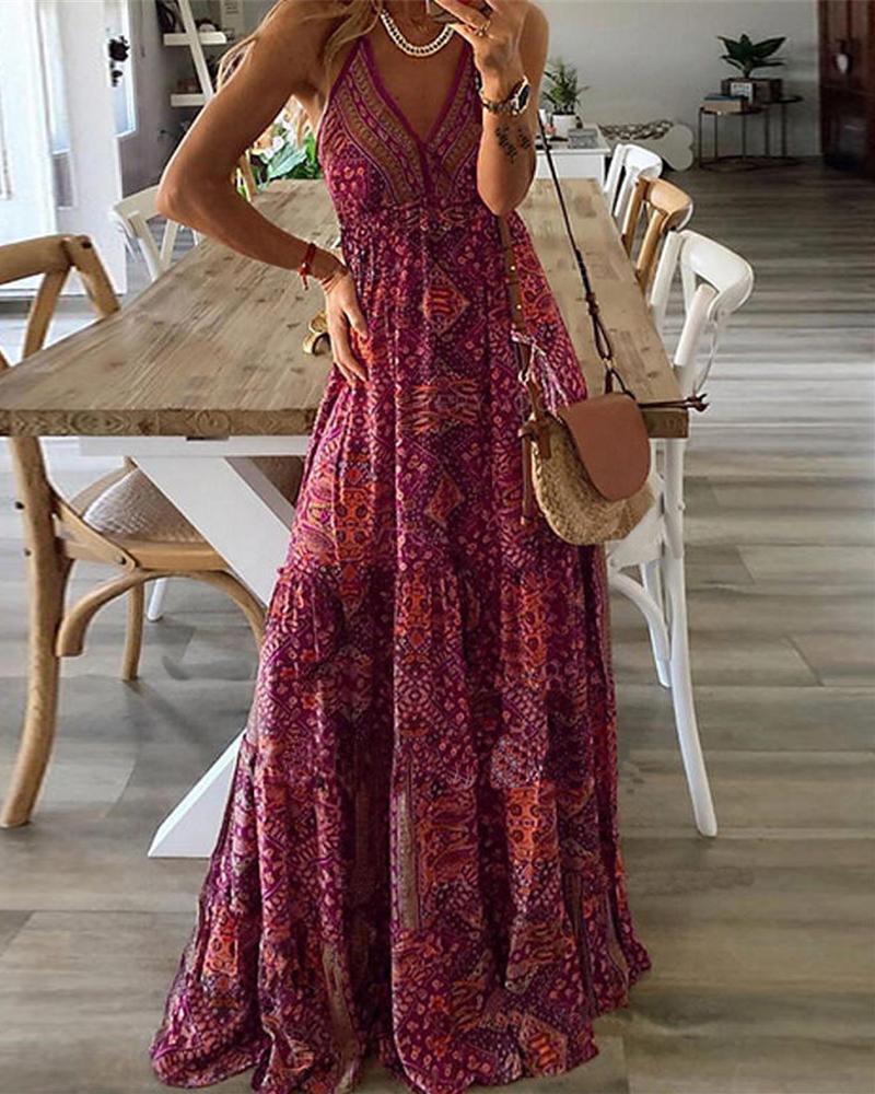 

Scarf Tribal Print Sleeveless Maxi Dress, Purple
