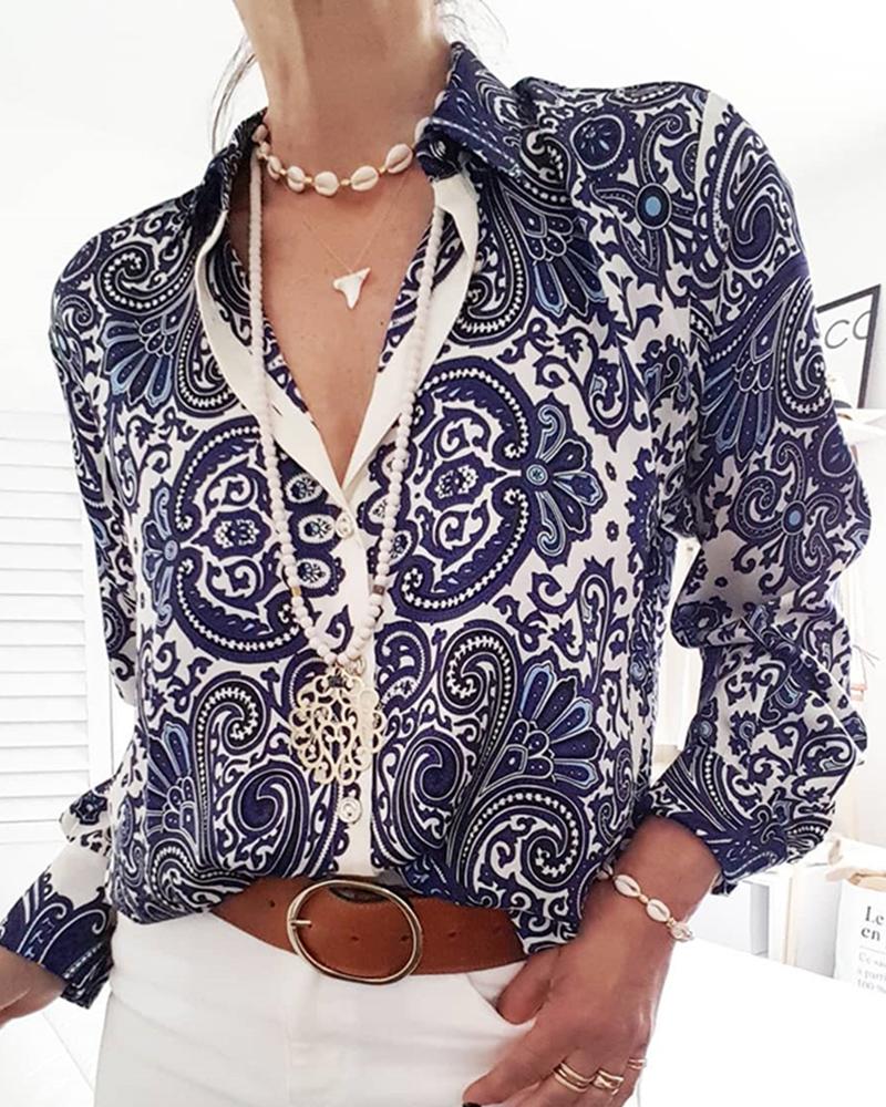 

Paisley Print Long Sleeve Casual Shirt, Dark blue