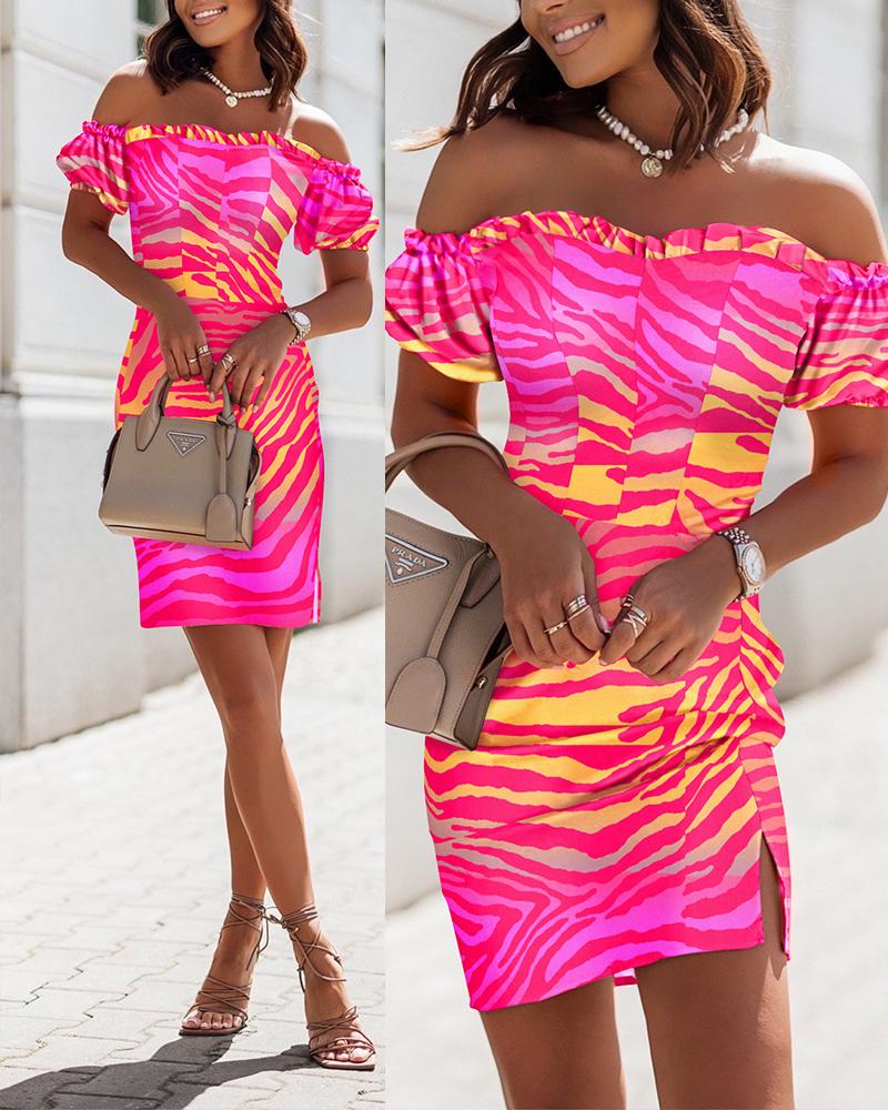 

Off Shoulder Frill Hem Zebra Stripe Print Dress, Multicolor