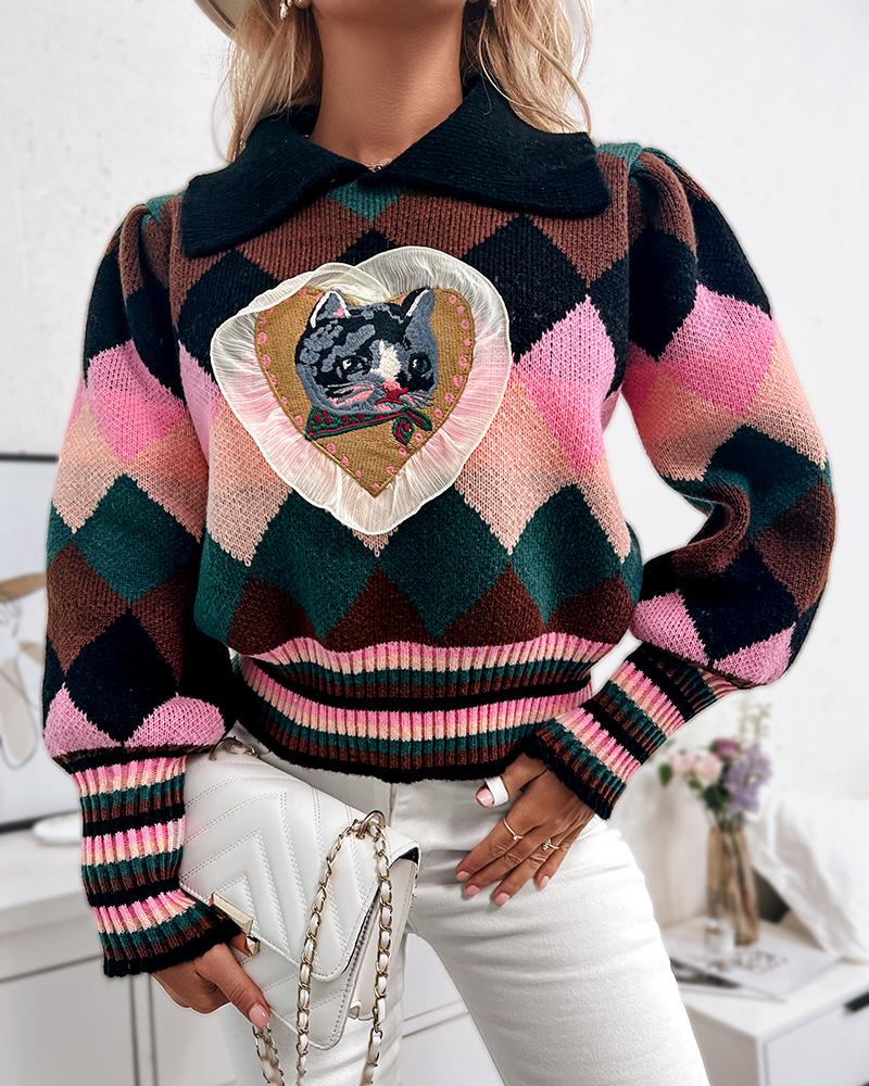 

Colorblock Cat Pattern Lantern Sleeve Sweater, Green