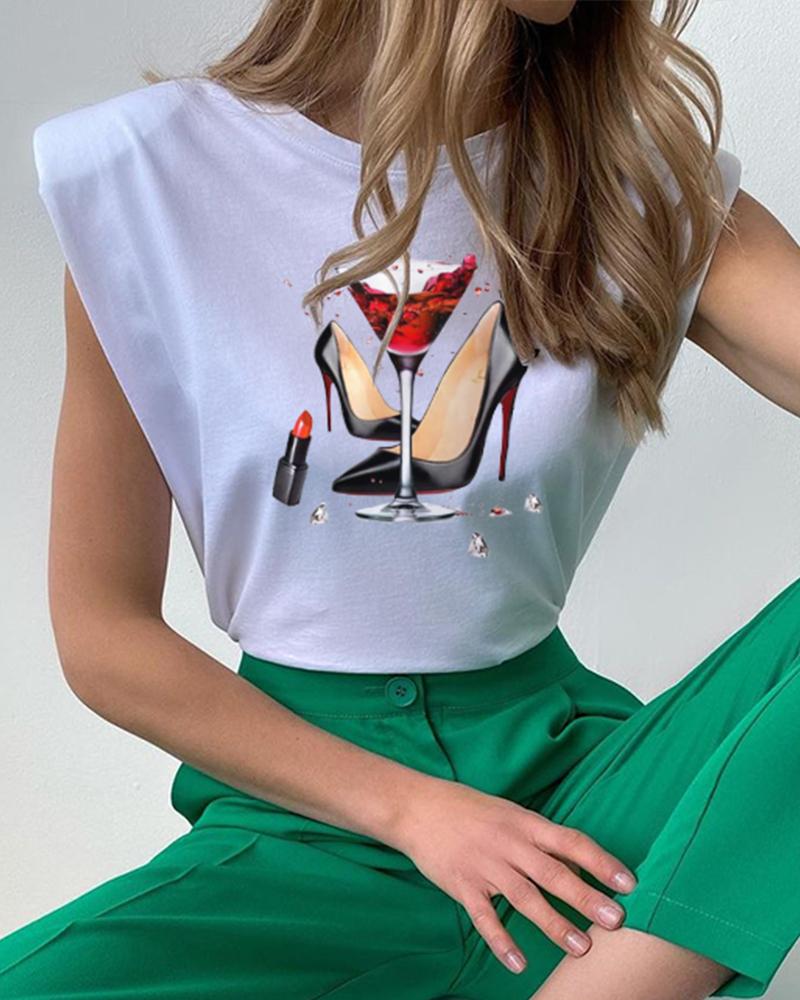 

Shoe Print Padded Shoulder Casual Top, White