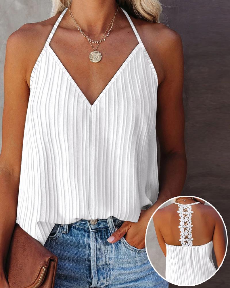 

Blusa casual de alças finas com decote em V e renda contrastante, White