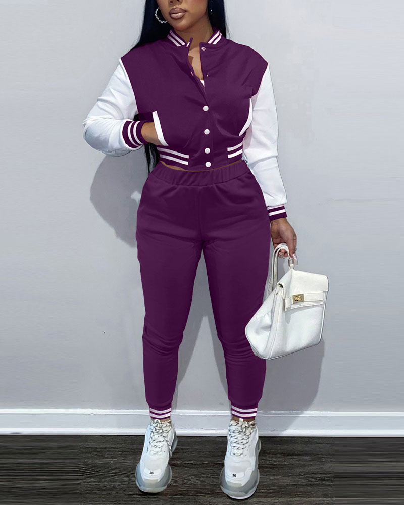 

Colorblock Button Front Bomber Jacket & Striped Trim Pants Set, Purple