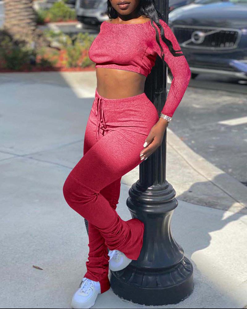 

Plain Long Sleeve Crop Top & Folded Pants Set, Red