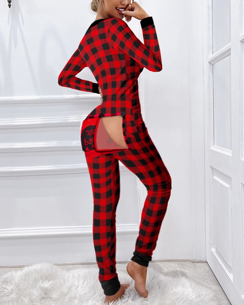 Functional Buttoned Flap Plaid Adults Pajamas