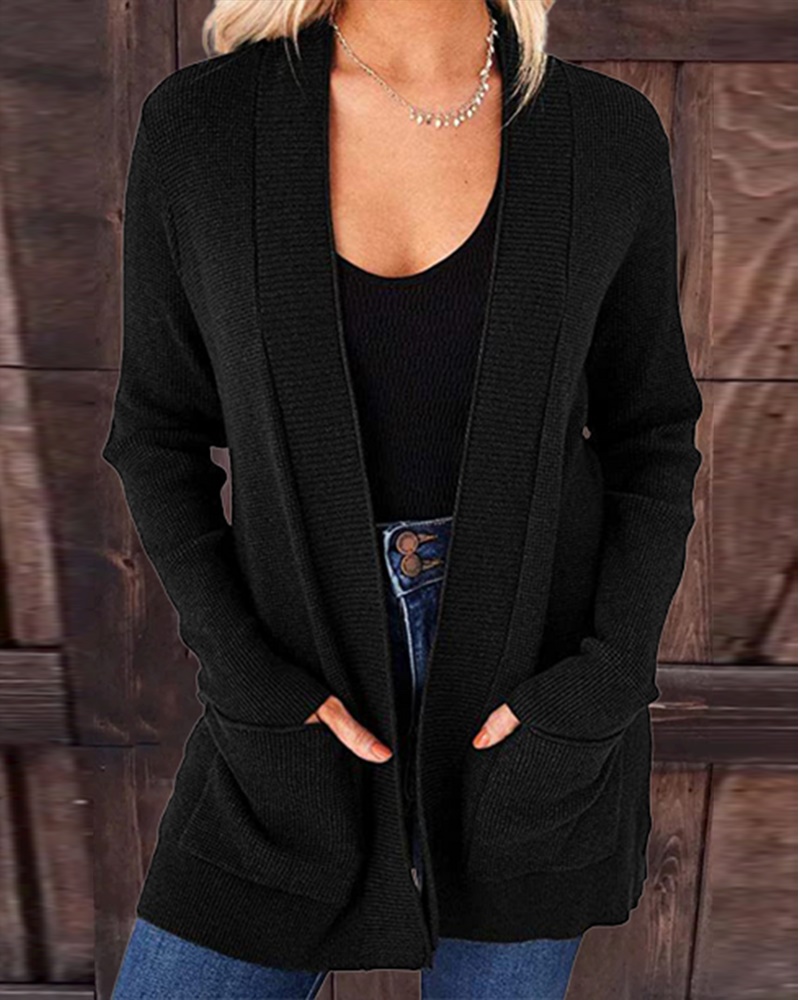 

Long Sleeve Pocket Detail Open Front Cardigan, Black