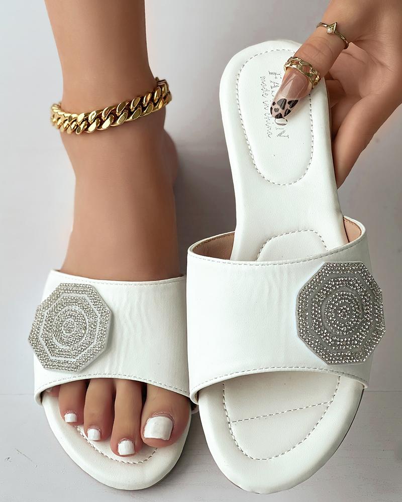 

Rhinestone Octagon Slippers Summer Sandals, White