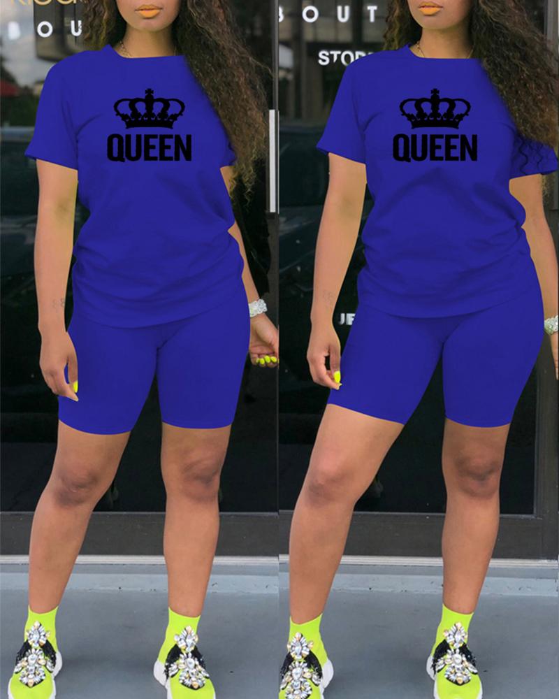 

Letter Crown Print Casual Top & Shorts Set, Blue