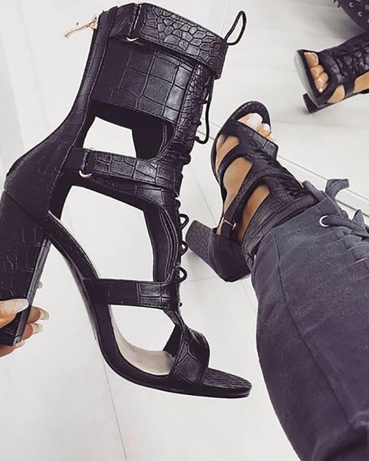 

Lace-up Cutout Chunky Heel Sandals, Black