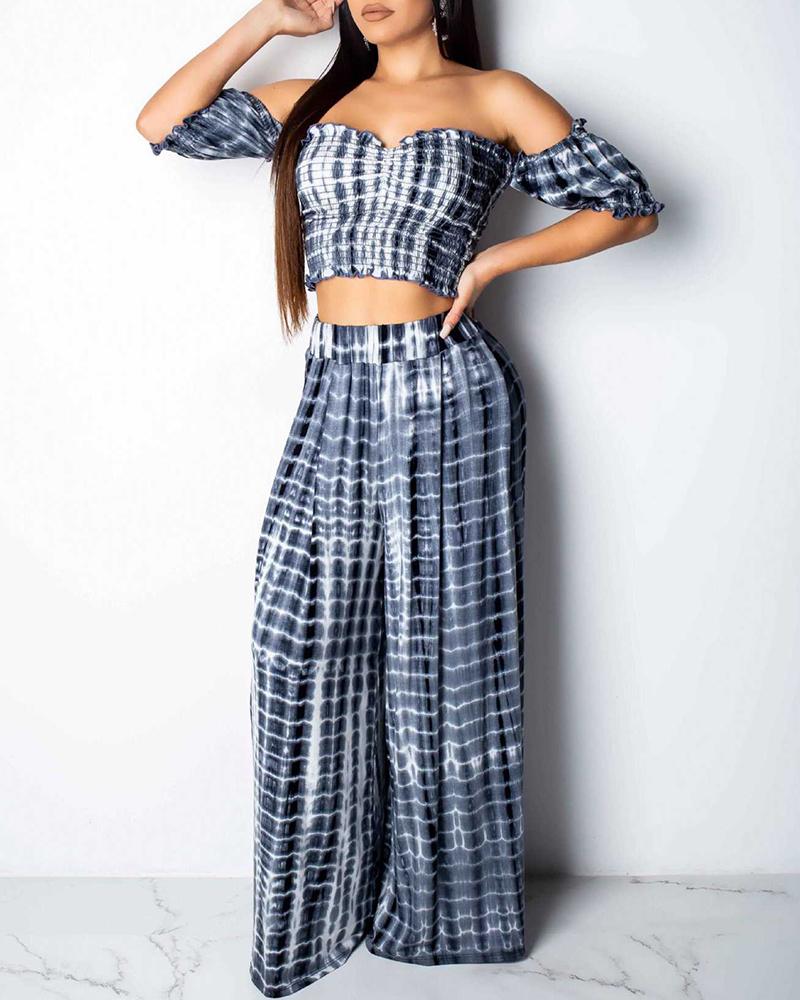 

Tie Dye Shirring Top With Wide Leg Pants, Purplish blue