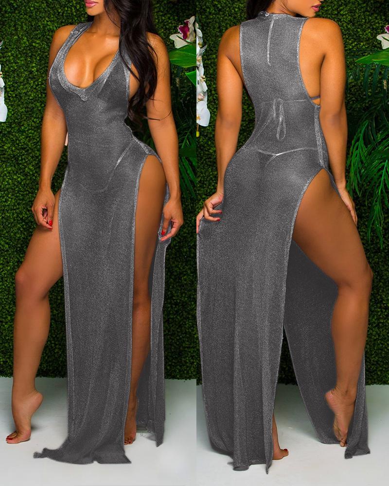 

Sheer Mesh Sleeveless High Slit Maxi Dress, Dark grey