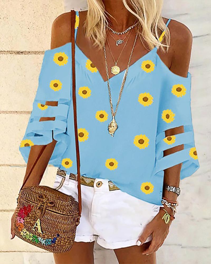 

Cold Shoulder Daisy Print Sheer Mesh Top, Blue