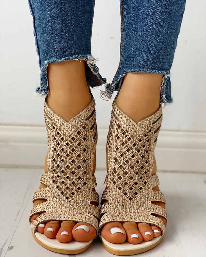 

Rhinestone Hollow Out Flat Sandals, Gold