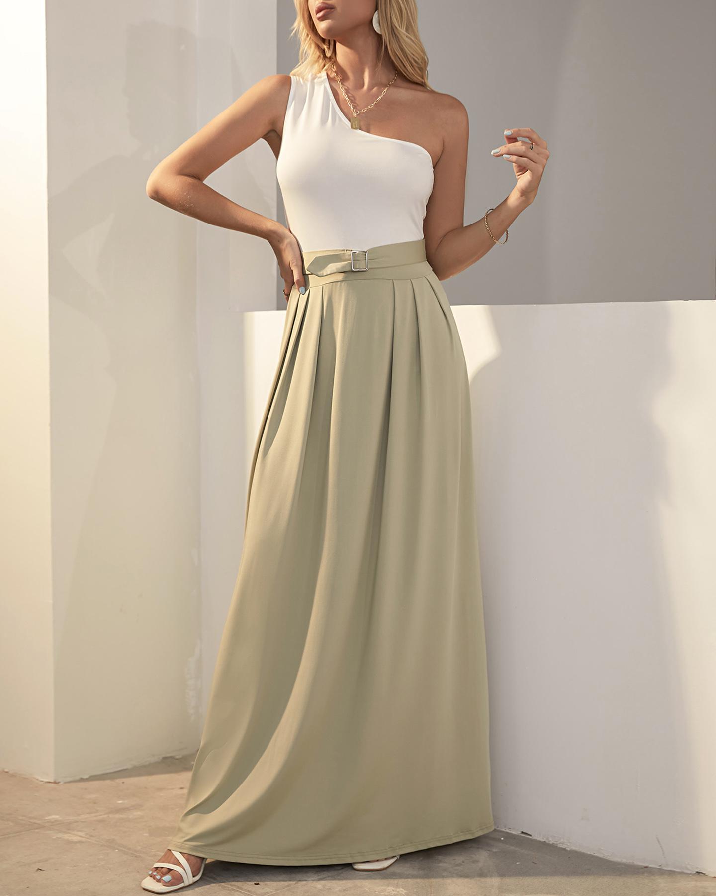 

One Shoulder Colorblock Maxi Dress With Belt, Green