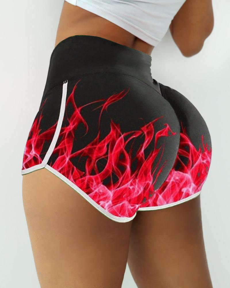

Flame Print Contrast Binding Yoga Shorts, Red