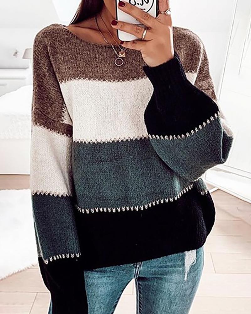 

Colorblock Knit Long Sleeve Casual Sweater, Black