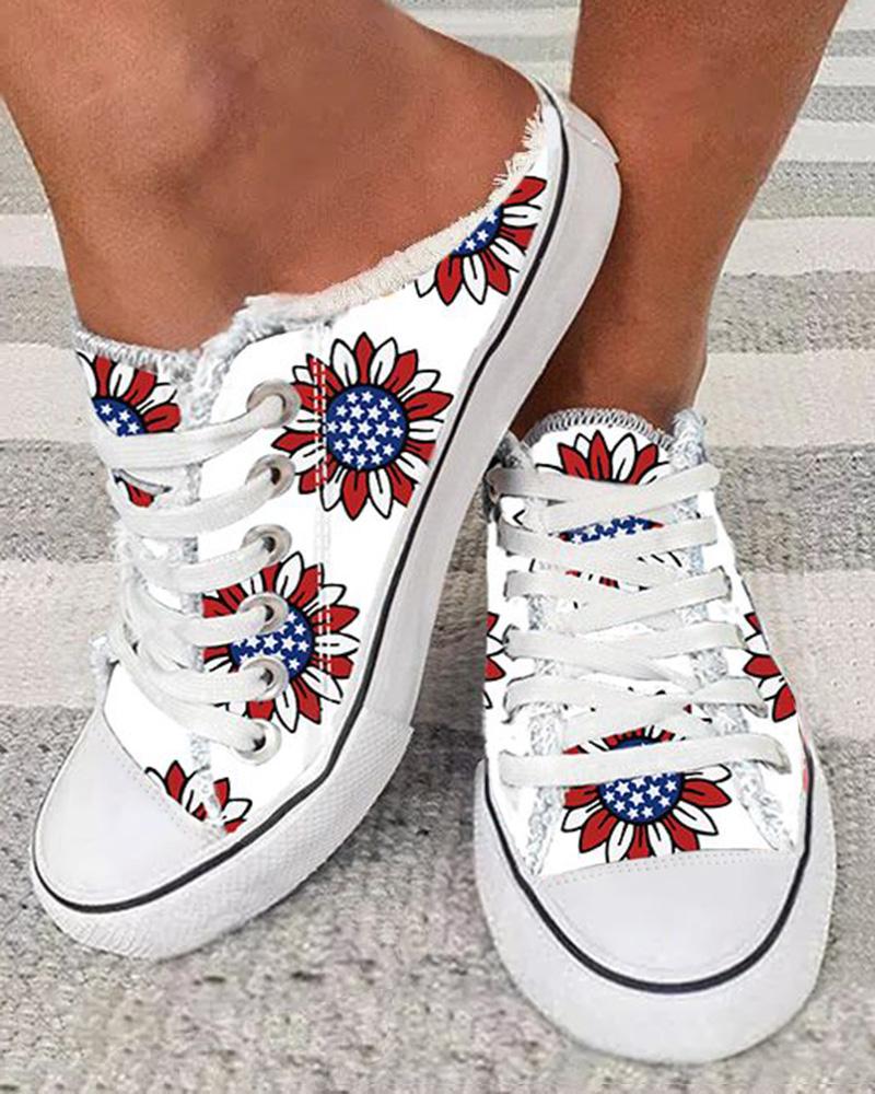 

Independence Day Flag Sunflower Raw Hem Canvas Slipper Sneakers, Blue&red