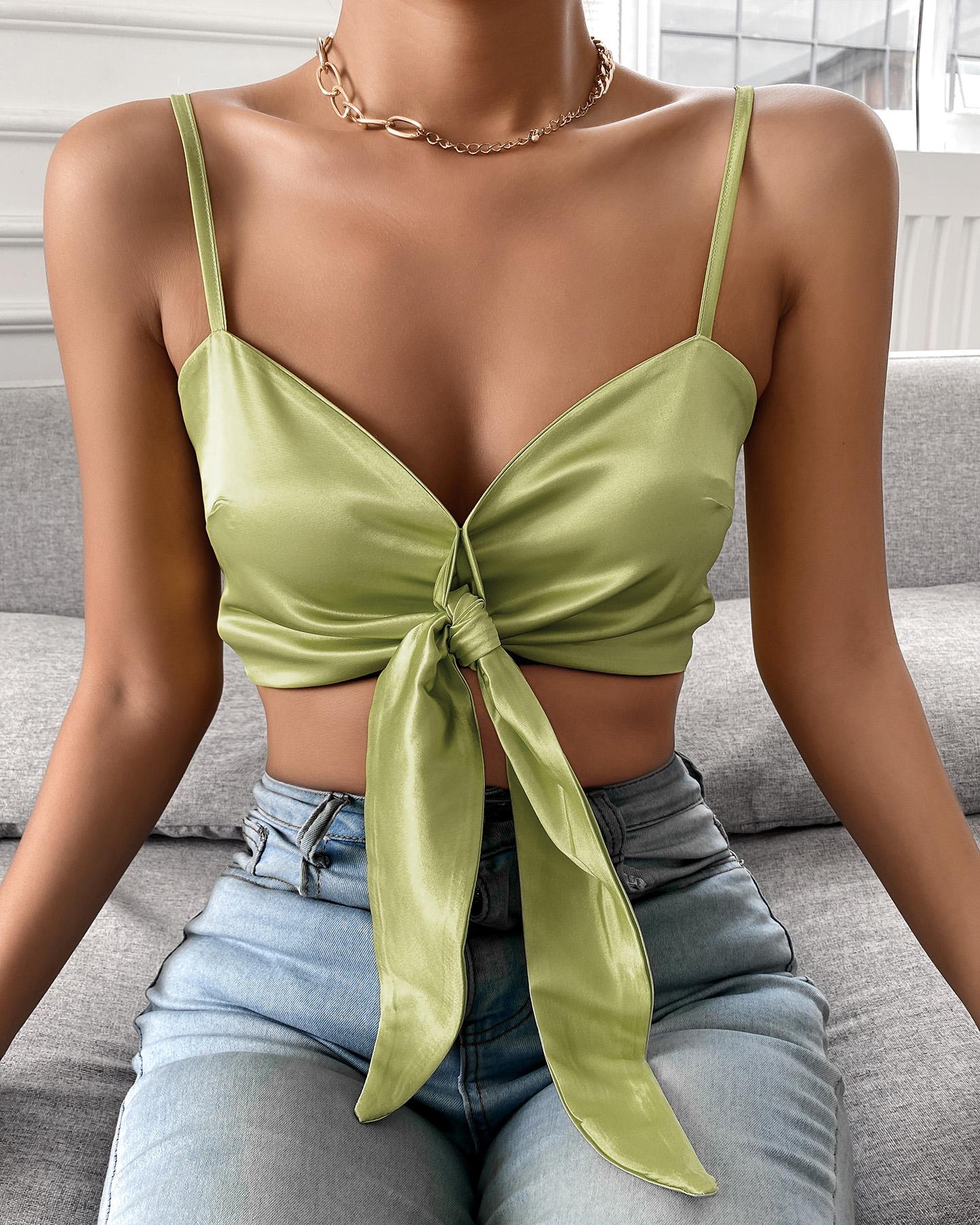 

Tie Up Design Deep V Neck Spaghetti Strap Women Top, Green