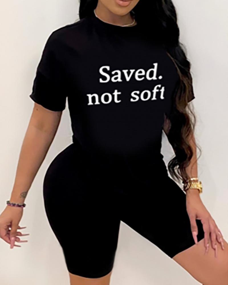

Letter Print Short Sleeve Top & Shorts Set, Black