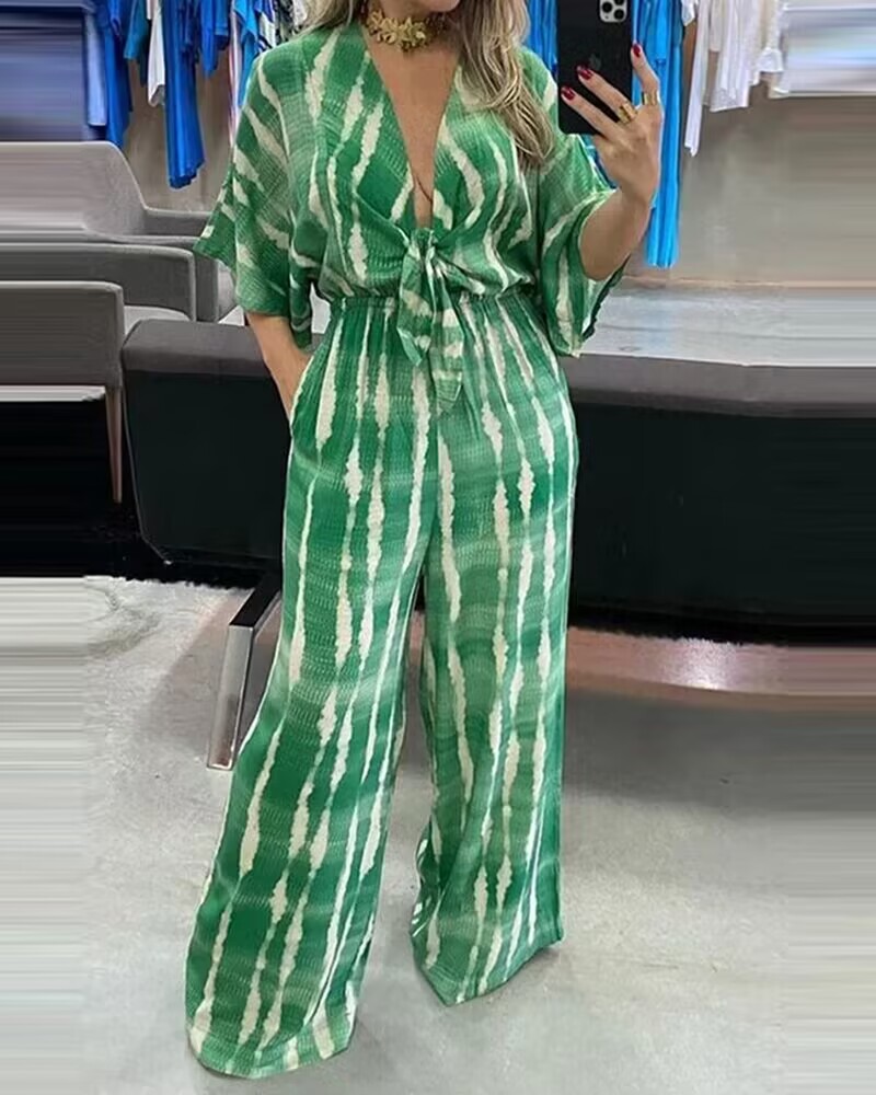 

Tie Dye Print Plunge Tied Detail Wide Leg Jumpsuit, Green