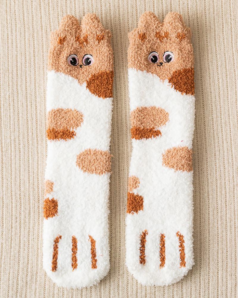 

1Pair Cat Paw Print Fuzzy Socks, Khaki