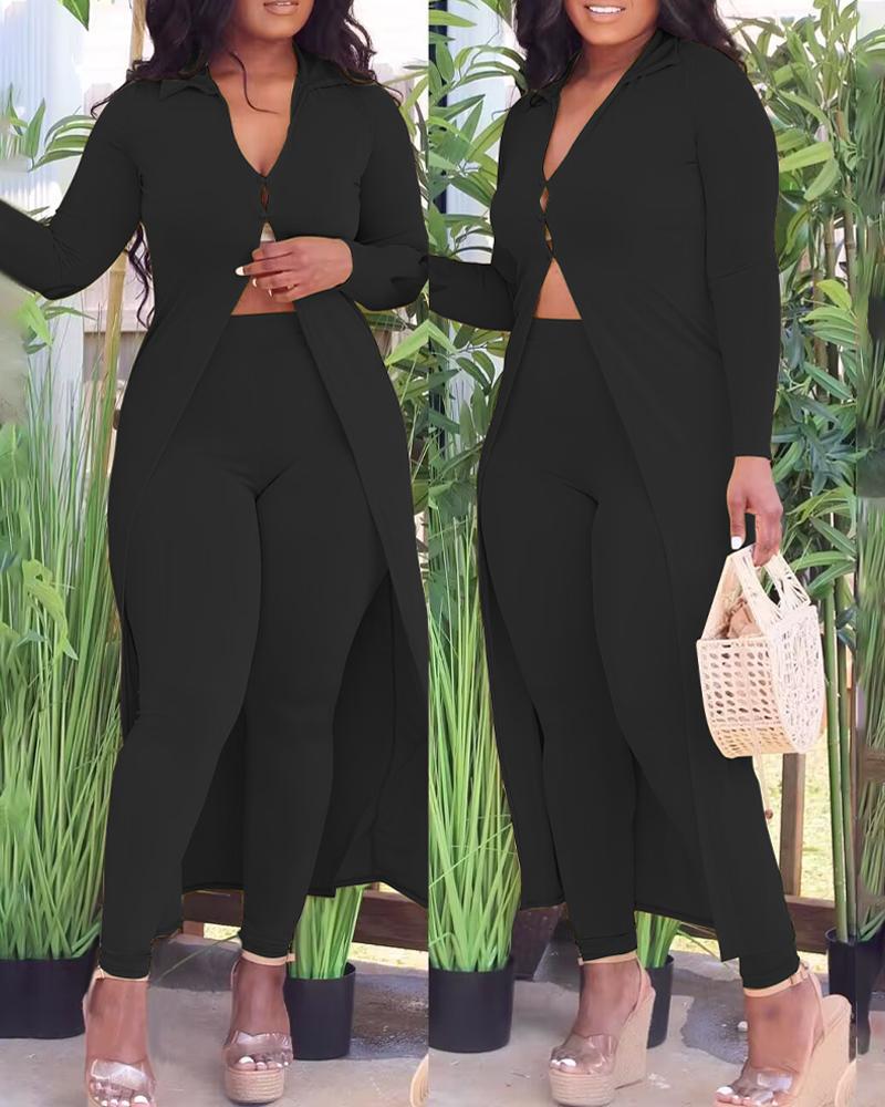 

High Waist Pants & Buttoned Longline Coat Set, Black