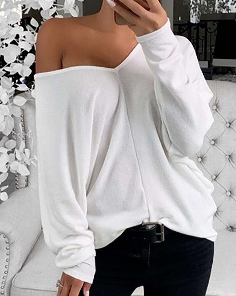 

Plain V-Neck Long Sleeve Top, White