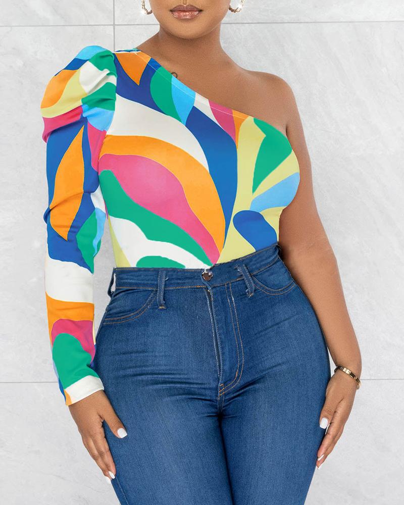 

All Over Print One Shoulder Bodysuit, Multicolor