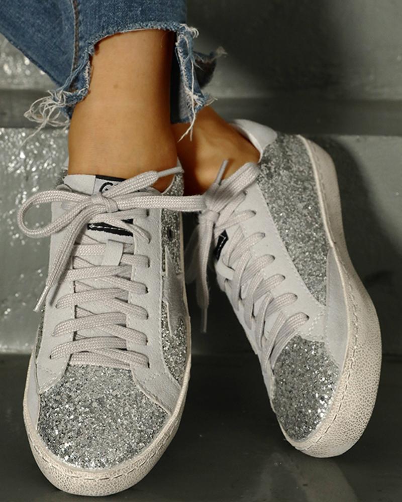 

Sequins Star Design Casual Lace-Up Sneakers, Silver