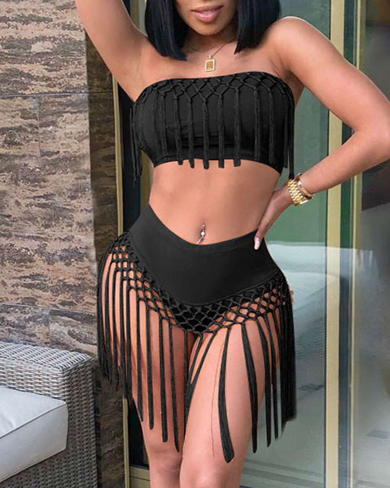 

Tassel Decor High Waist Bikini Set, Black