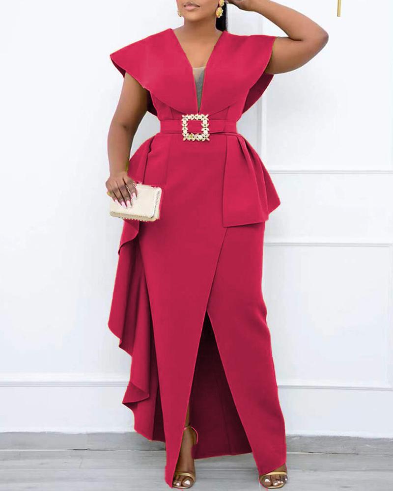 

Plus Size Contrast Mesh Split Prom Dress With Belt, Red