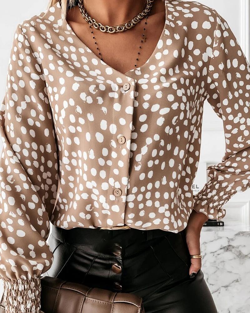 

Dot Print Button Design Long Sleeve Casual Blouse, Khaki