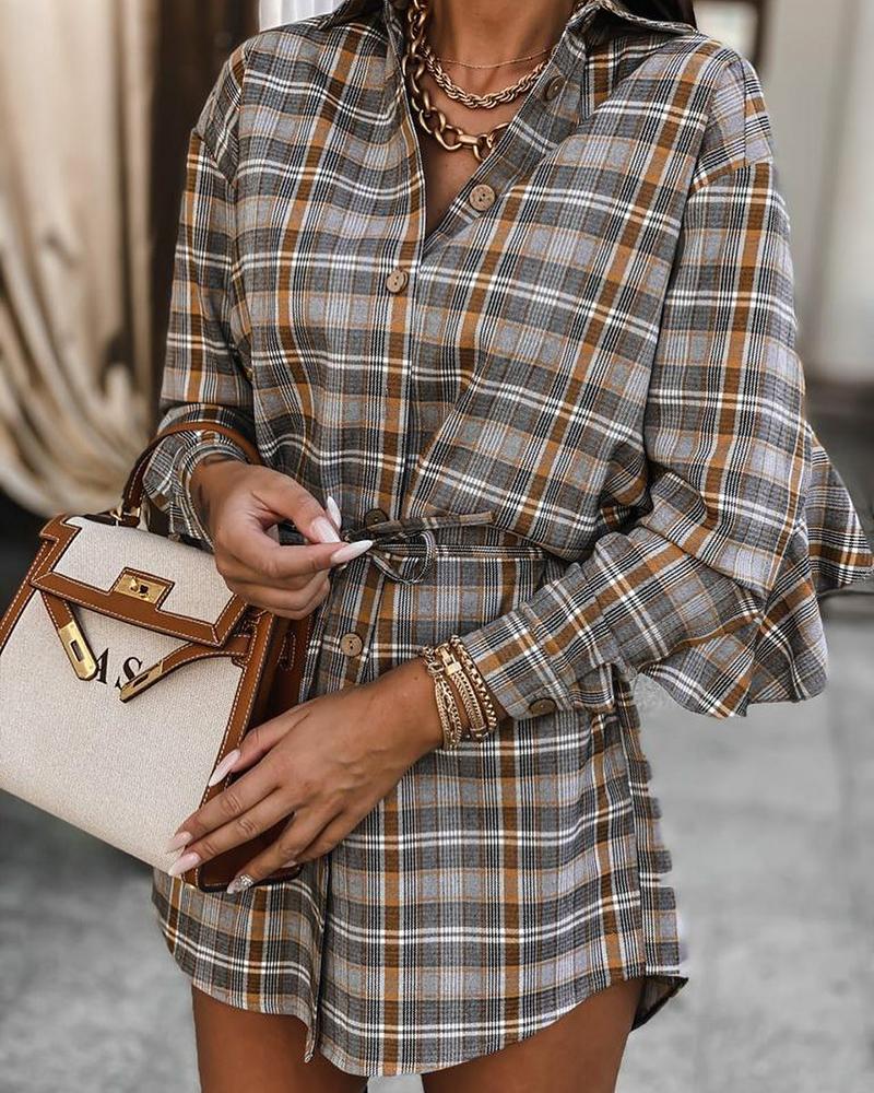 Plaid Button Up Ruffle Hem Drawstring Shirt Dress