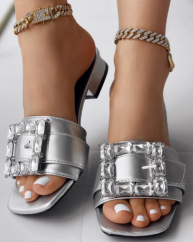 

Gem Stone Decor Buckled Low Heel Slippers, Silver