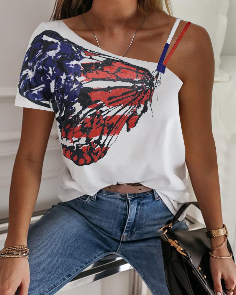 

One Shoulder Butterfly Print Casual T-shirt, Red