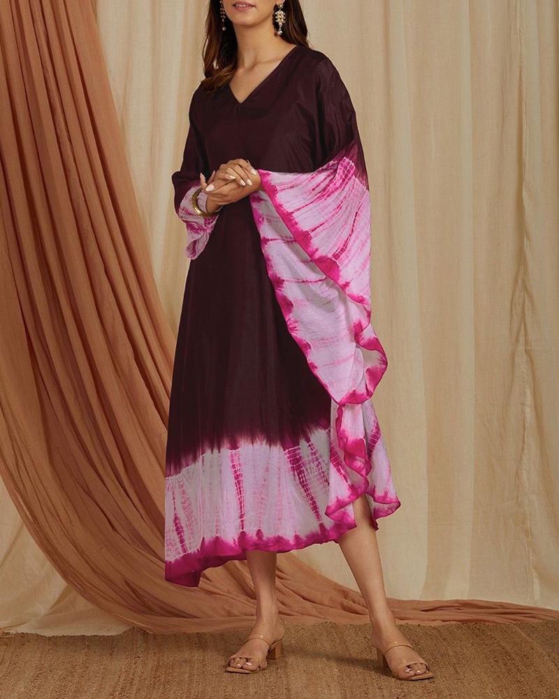 

Tie Dye Print Colorblock Bell Sleeve Dress, Wine red