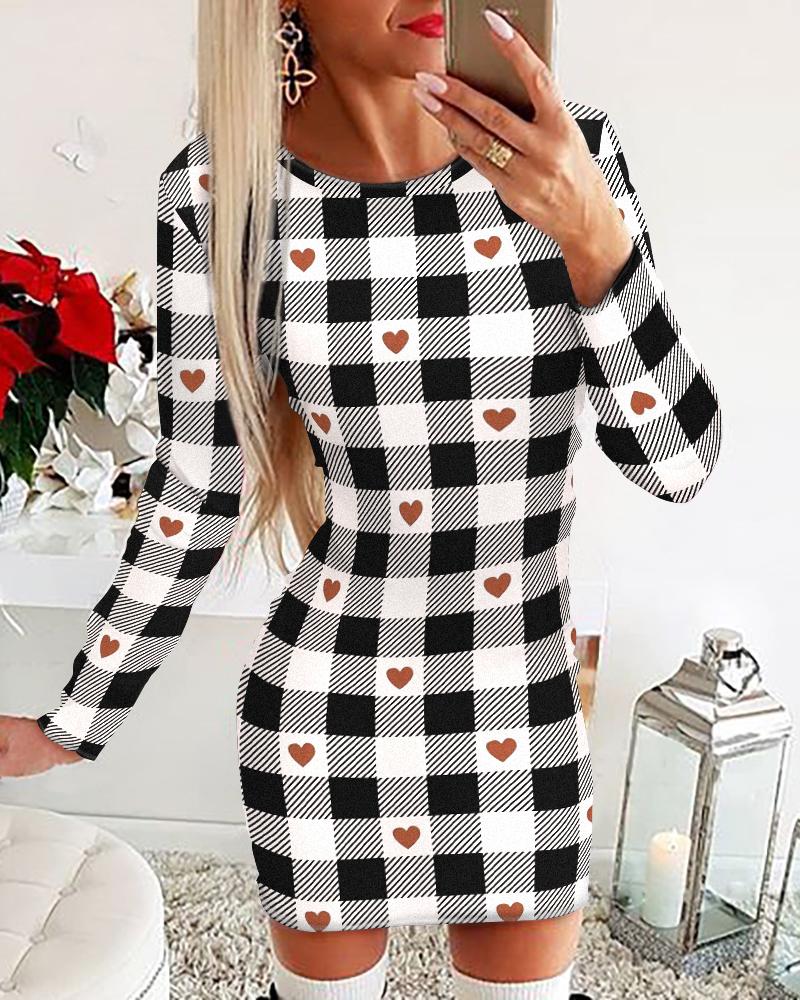 

Plaid Heart Print Long Sleeve Bodycon Dress, Black