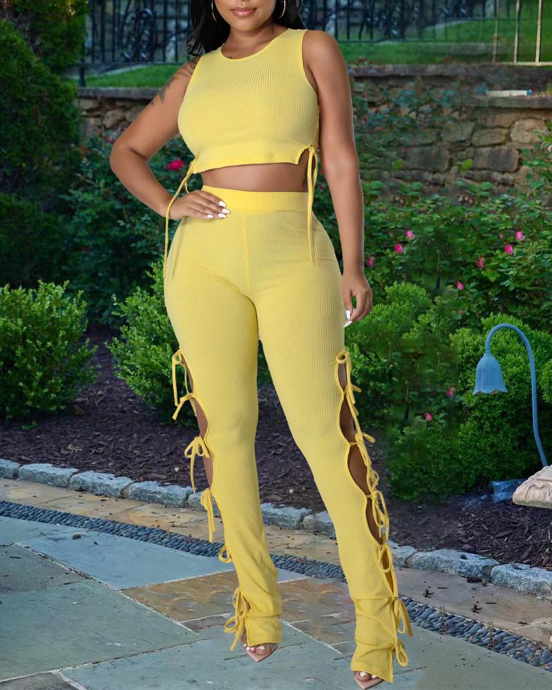 

Ribbed Tied Detail Crop Top & Cutout Pants Set, Yellow